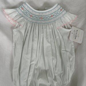 Petit Bebe Baby Girls Smocked White Bubble with Blue Polka Dots NWT